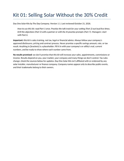 Page 1: how to use the kit, plus the plain-English disclaimers